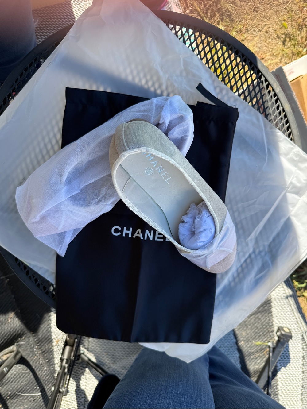 CHANEL Beige Canvas Ballet Flat with Cap Toe